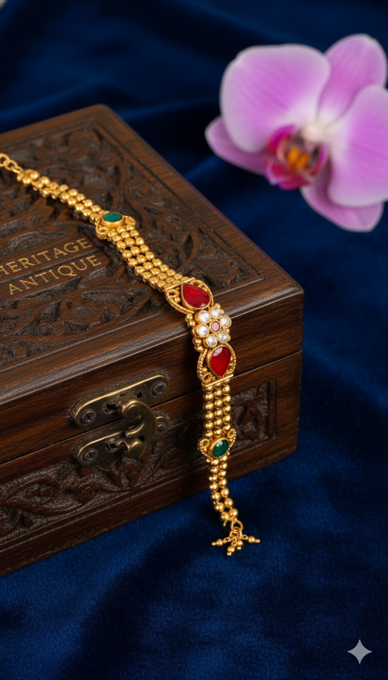 Ruby–Green Antique Gold Bracelet (AN-BR-07-M)