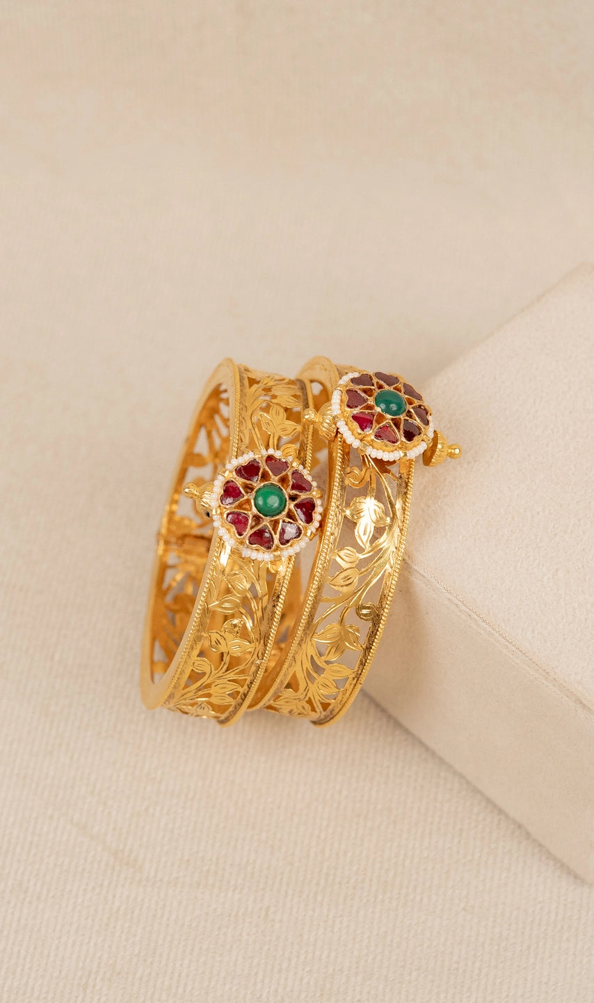 Floral Kundan Meenakari Cutwork Bangle – 92.5 Silver (AN-BA-22)