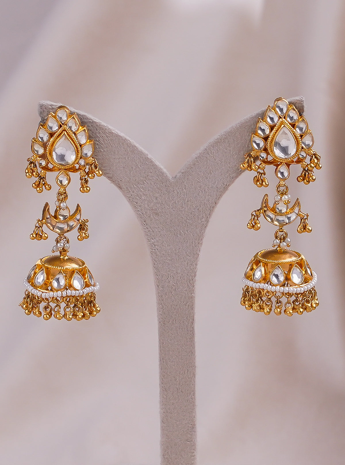 Antique Pan Dull Kundan Earrings with White Stones and Golden Jhumka Design by Dev Jewellers