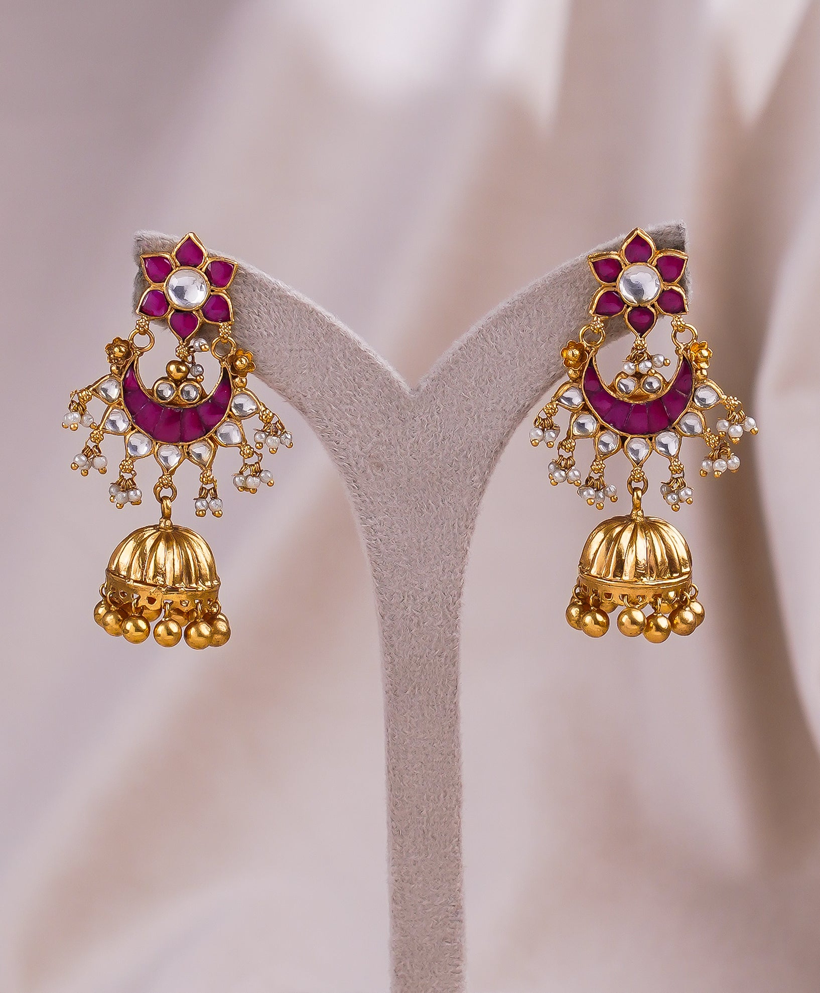 Antique Dull Kundan Earrings with Red Enamel Detailing and Pearl Drops by Dev Jewellers