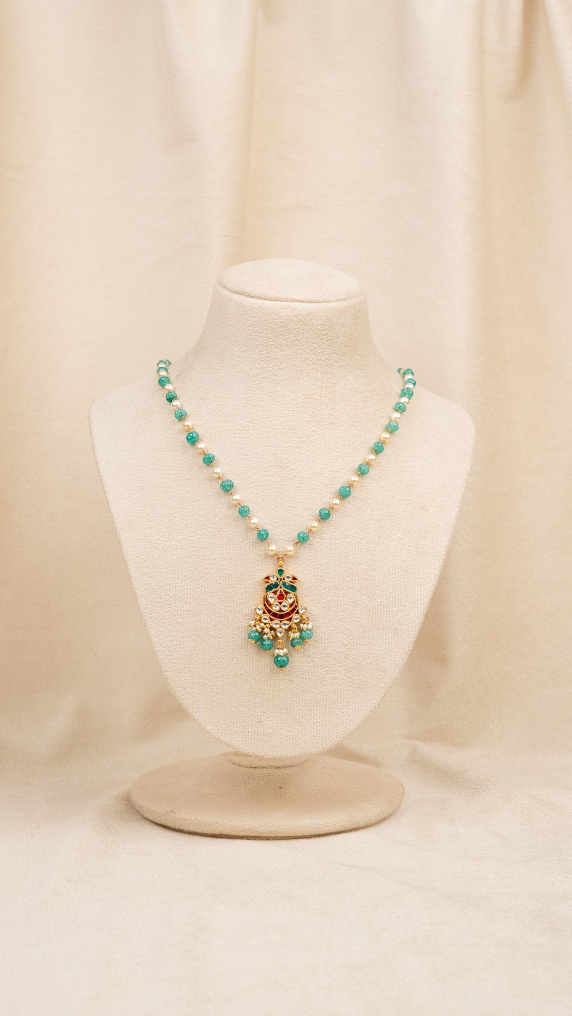 Mint Green Pearl Meena Necklace Set (MO-NK-14)