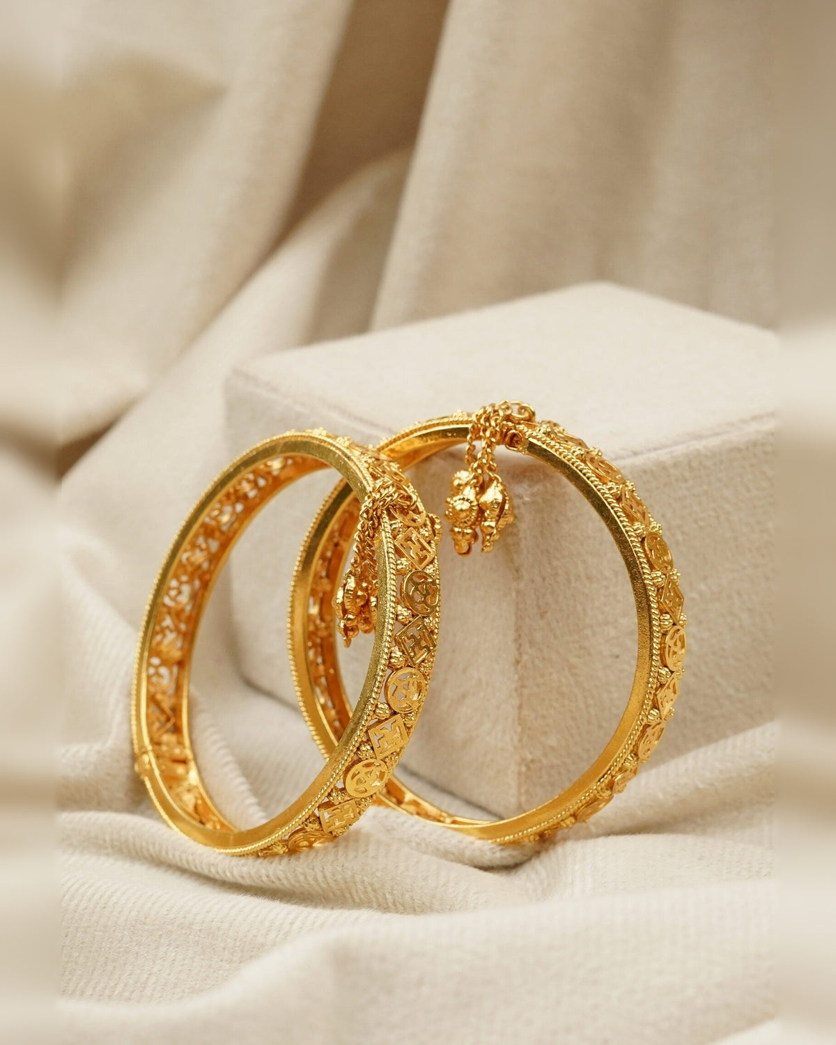 Classic Carved Gold Bangle with Dangling Charms – antique kundan bangle in 1 gram gold forming by Dev Jewellers