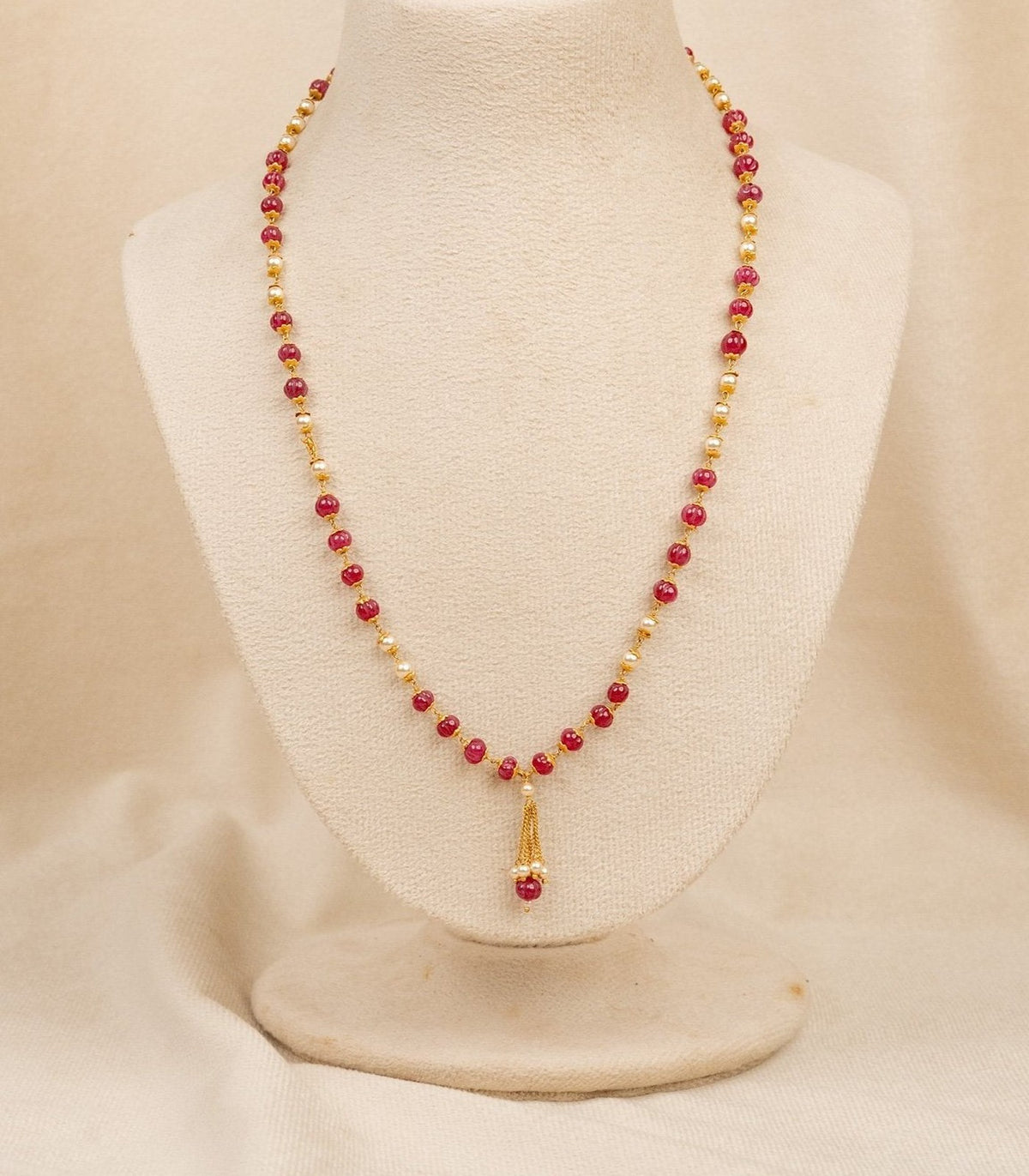 Ruby & Pearl Beaded Mala - moti mala in 1 gram gold forming by Dev Jewellers