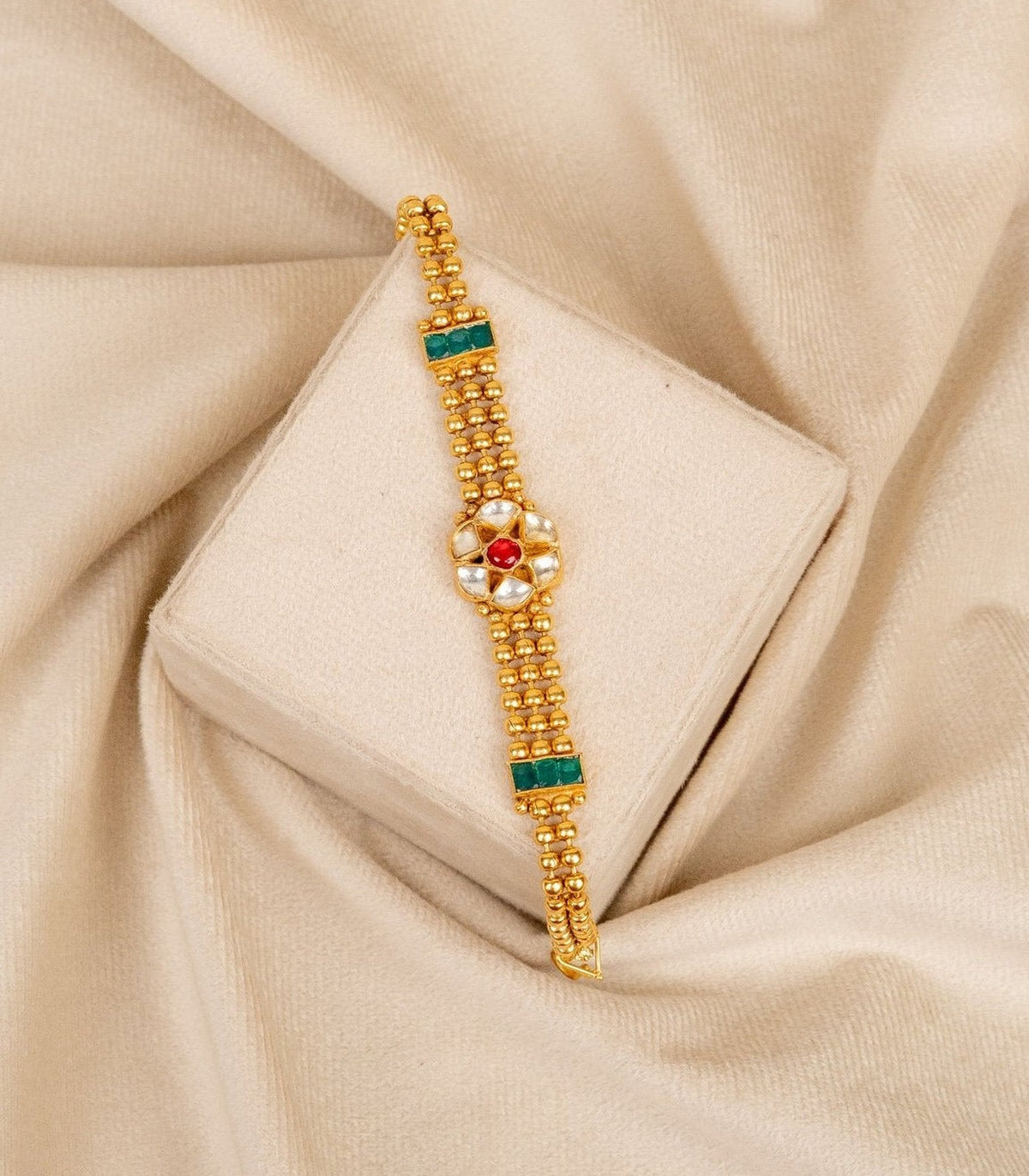 Emerald Cluster Kundan Bracelet - antique kundan bracelet in 1 gram gold forming by Dev Jewellers, view 1