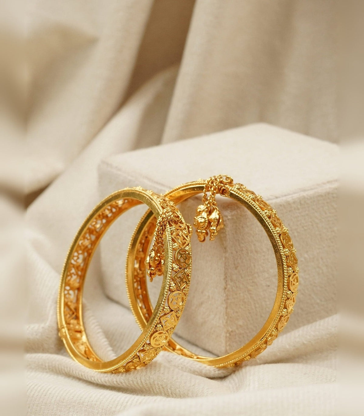 Classic Carved Gold Bangle with Dangling Charms - antique kundan bangle in 1 gram gold forming by Dev Jewellers