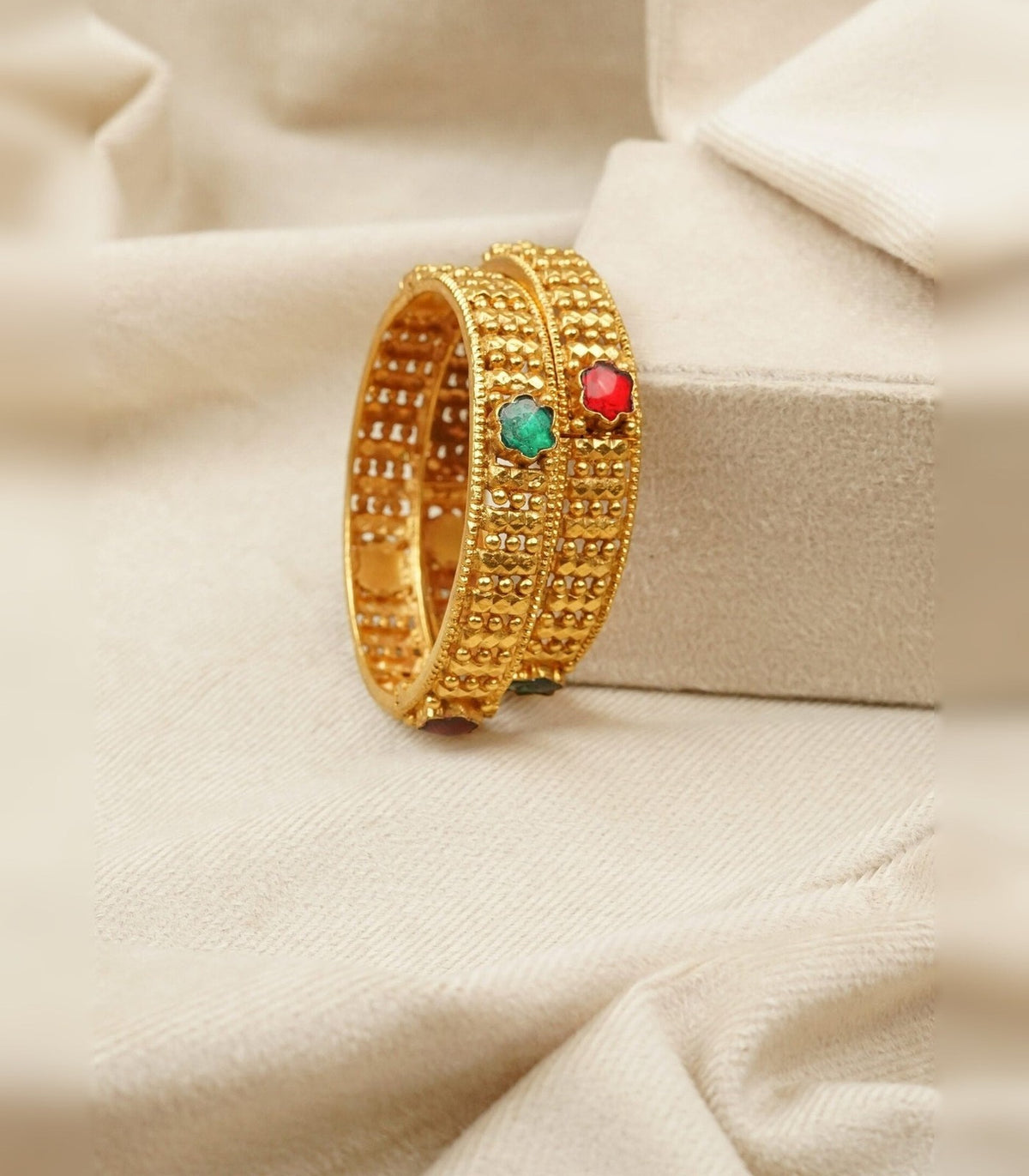 Green-Red Stone Textured Heritage Bangle - antique kundan bangle in 1 gram gold forming by Dev Jewellers