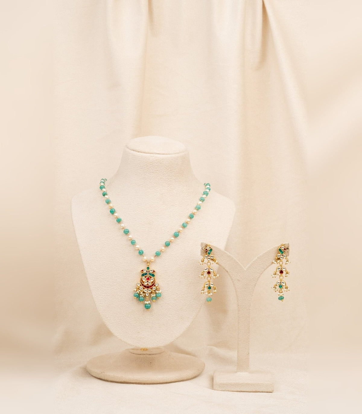 Mint Green Pearl Meena Necklace Set - moti & kundan necklace set in 1 gram gold forming by Dev Jewellers, view 1