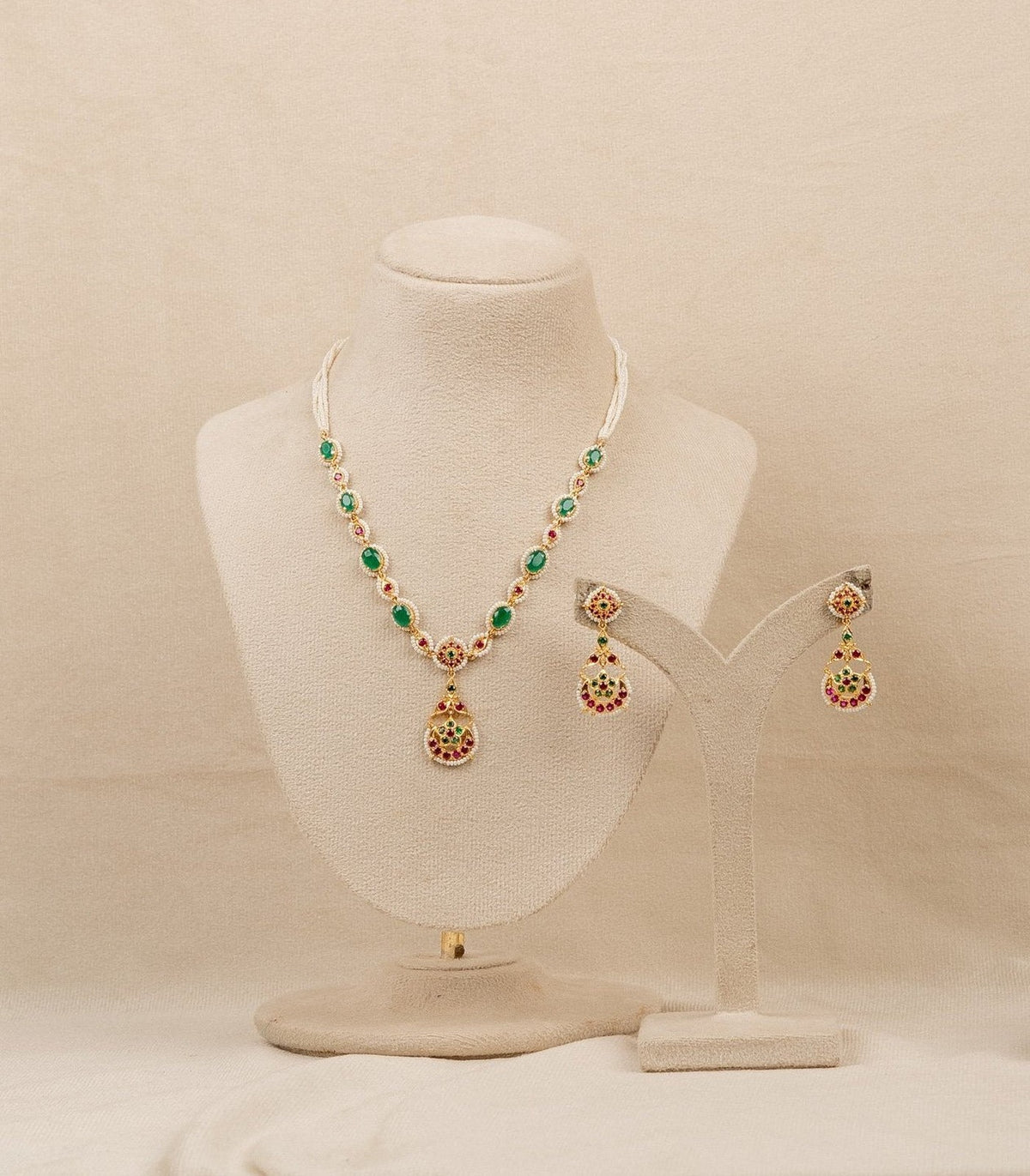 Emerald Meenakari Stone Necklace Set - moti & kundan necklace set in 1 gram gold forming by Dev Jewellers, view 1