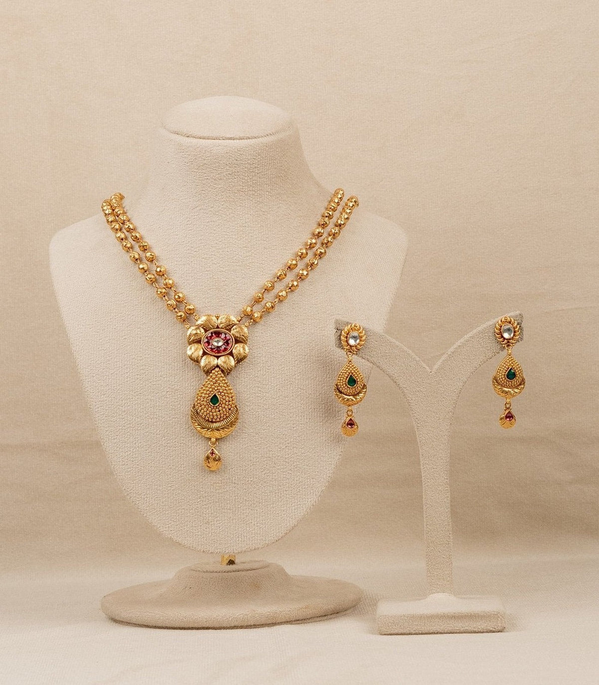 Golden Floral Meena Necklace Set - antique kundan necklace set in 1 gram gold forming by Dev Jewellers, view 1