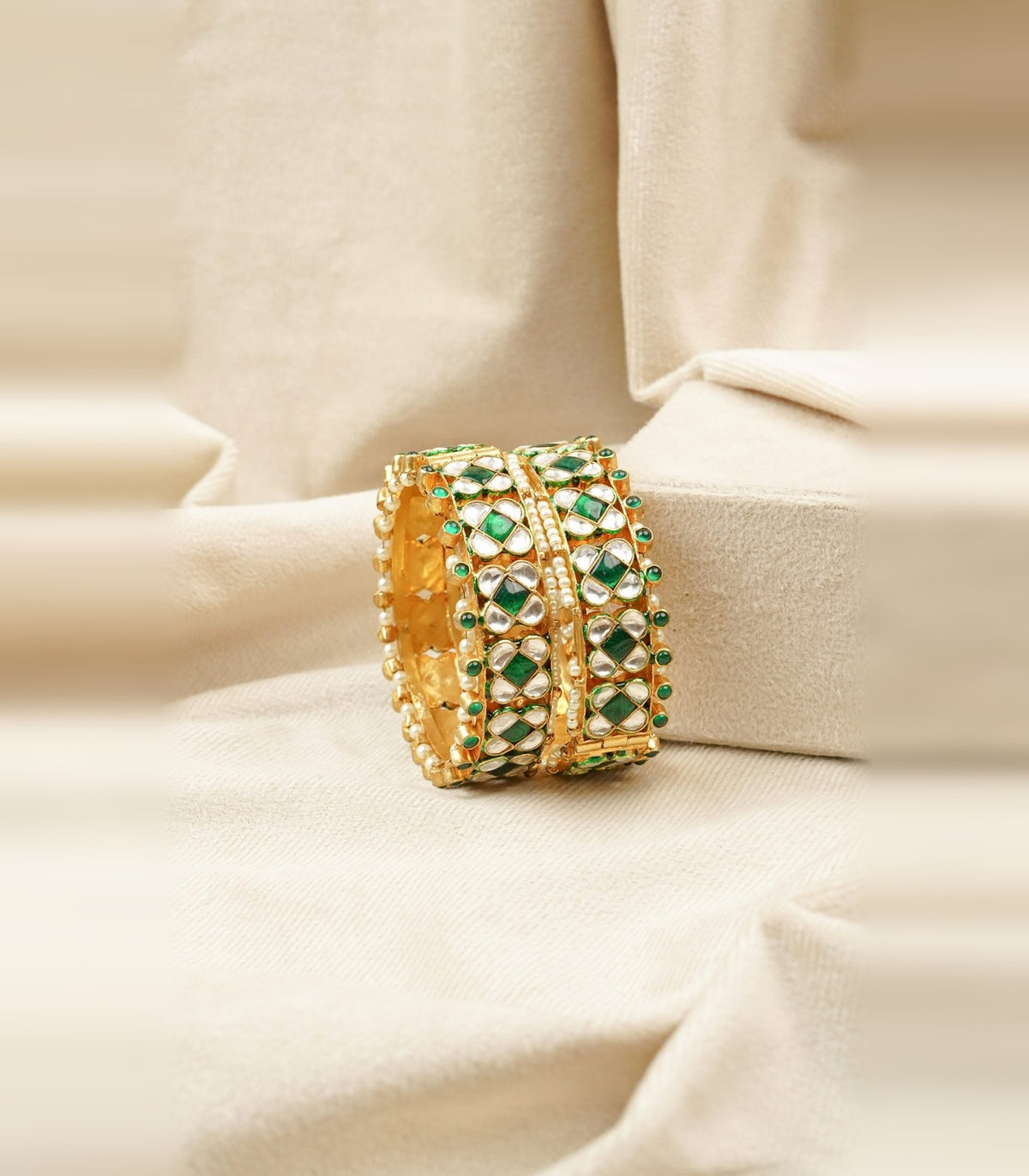 Green Kundan Royal Wide Bangle - antique kundan bangle in 1 gram gold forming by Dev Jewellers