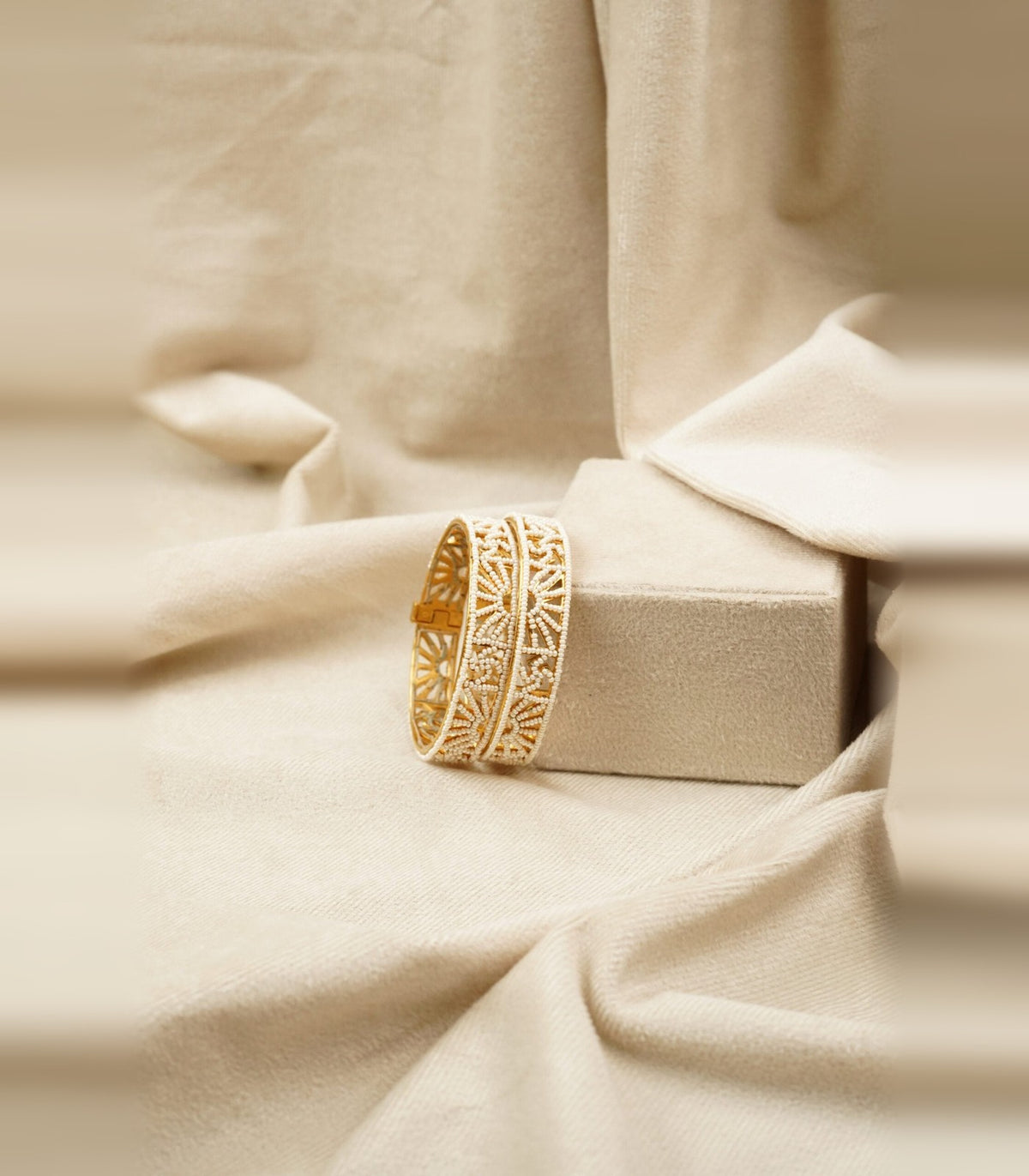 White Swarovski Moti Handcrafted Cutwork Bangle - 92.5 Silver Base - moti & kundan bangle in 1 gram gold forming by Dev Jewellers