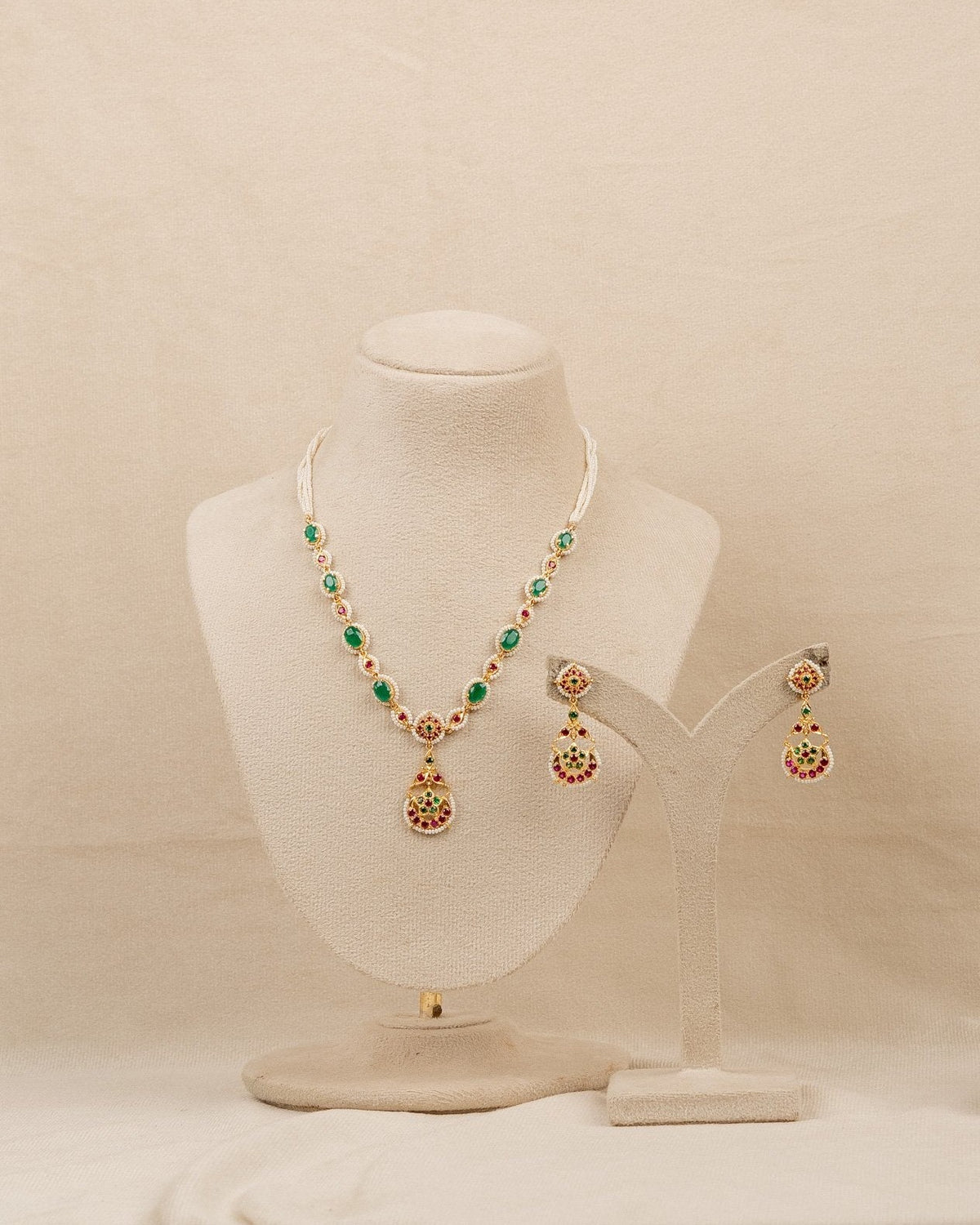 Emerald Meenakari Stone Necklace Set – moti & kundan necklace set in 1 gram gold forming by Dev Jewellers, view 1
