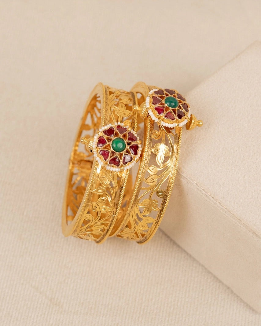 Floral Kundan Meenakari Cutwork Bangle – 92.5 Silver – antique kundan bangle in 1 gram gold forming by Dev Jewellers
