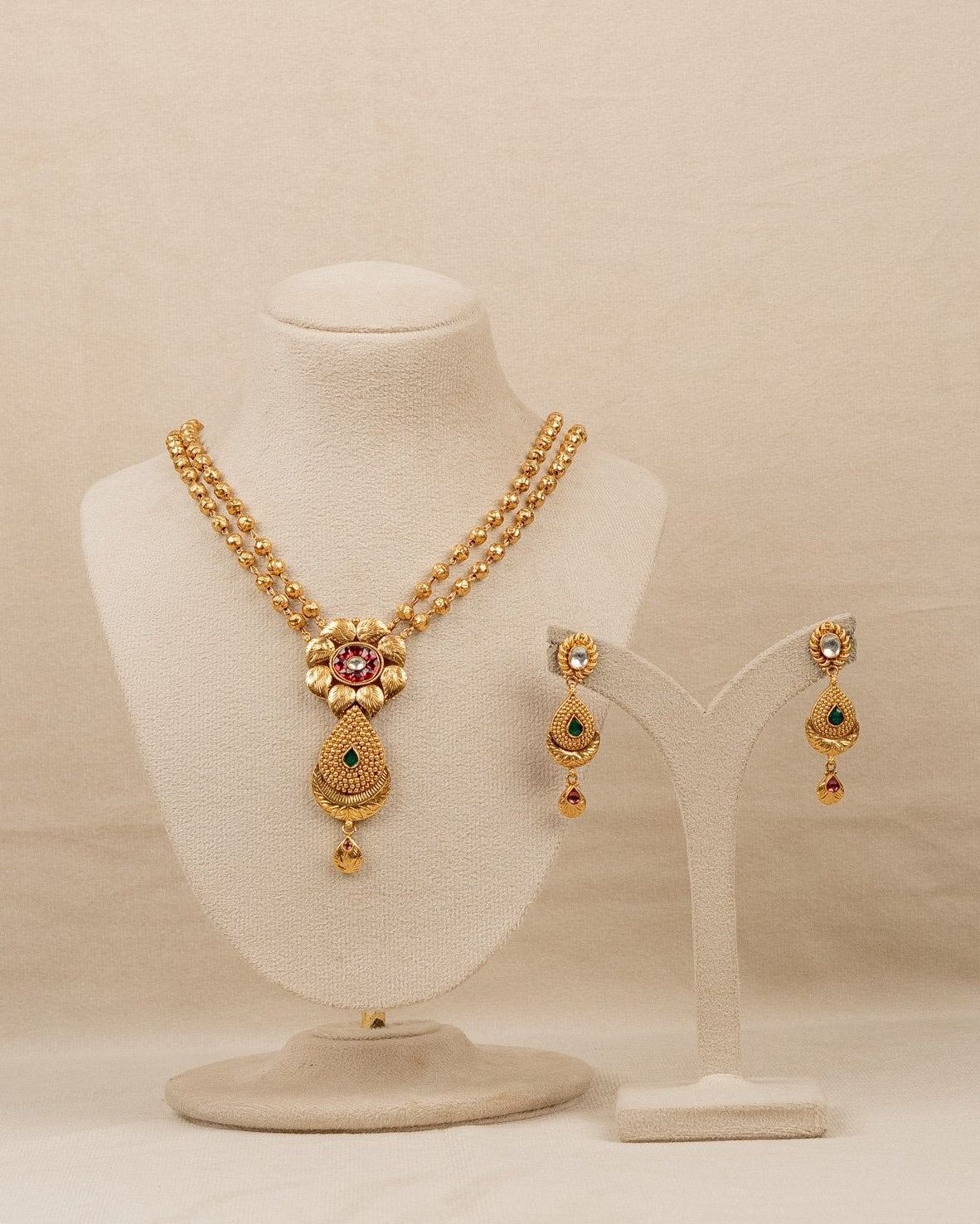 Golden Floral Meena Necklace Set – antique kundan necklace set in 1 gram gold forming by Dev Jewellers, view 1