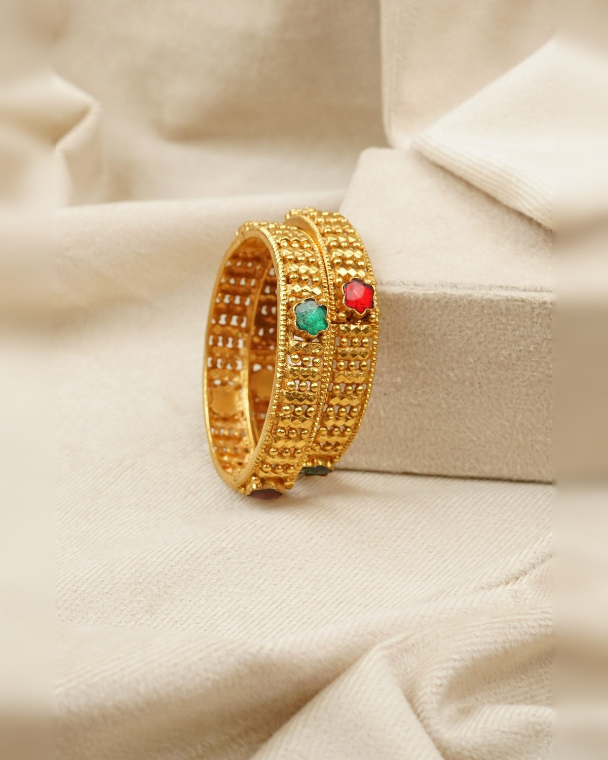 Green–Red Stone Textured Heritage Bangle – antique kundan bangle in 1 gram gold forming by Dev Jewellers