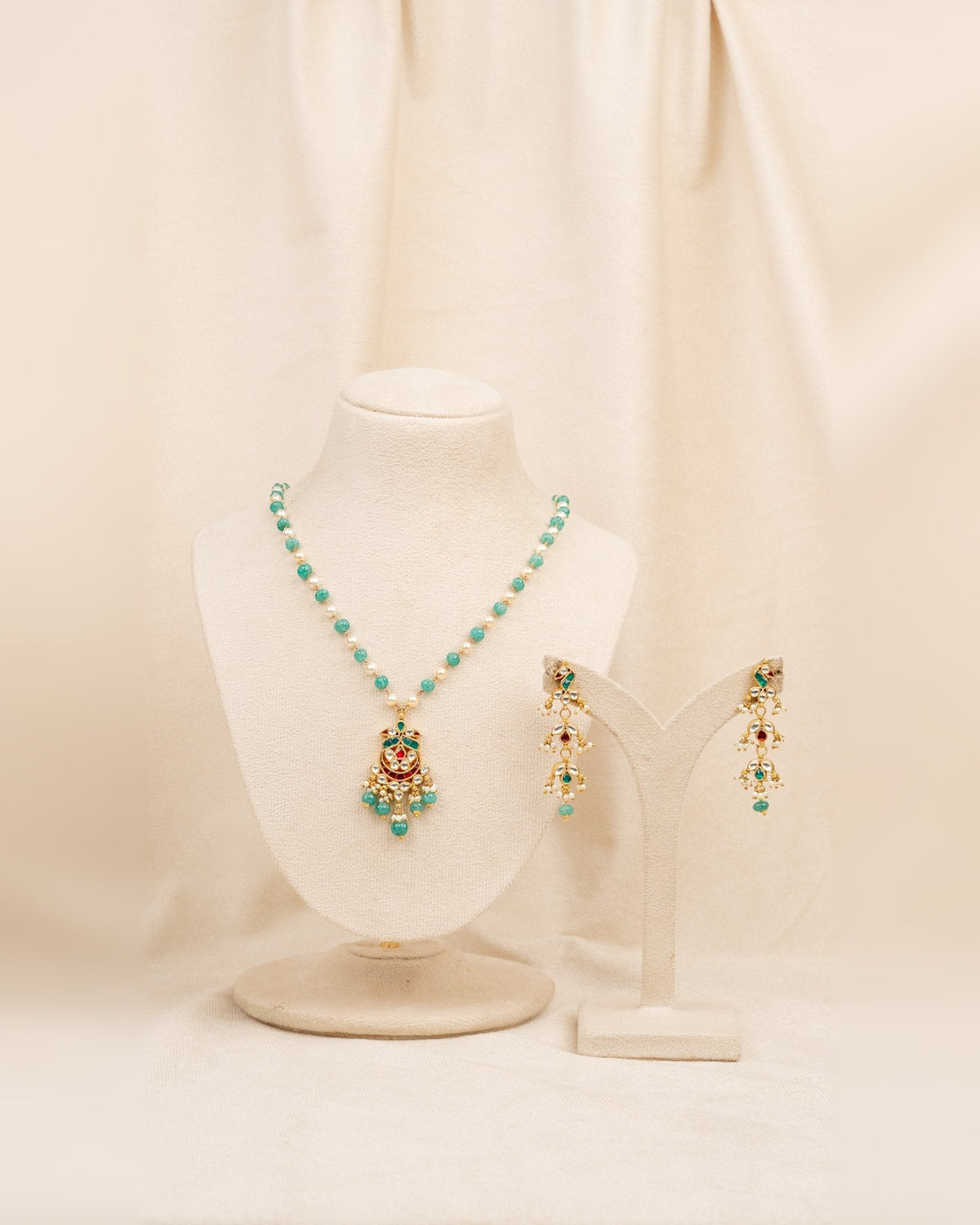 Mint Green Pearl Meena Necklace Set – moti & kundan necklace set in 1 gram gold forming by Dev Jewellers, view 1