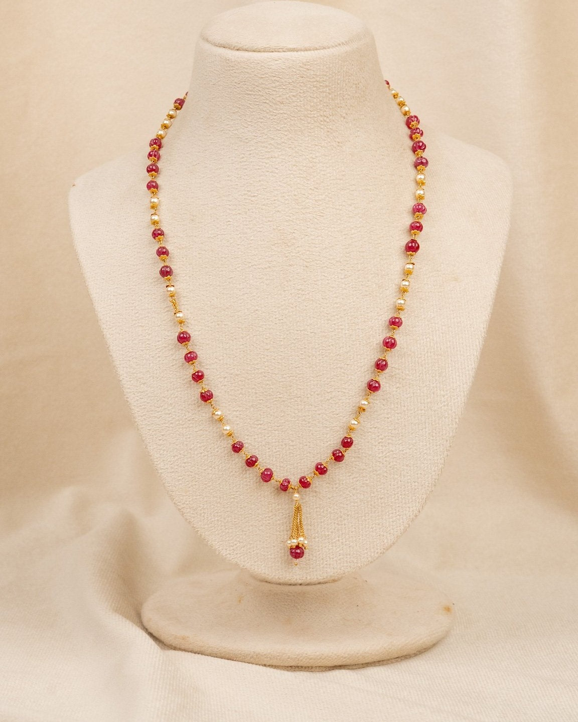 Ruby & Pearl Beaded Mala – moti mala in 1 gram gold forming by Dev Jewellers